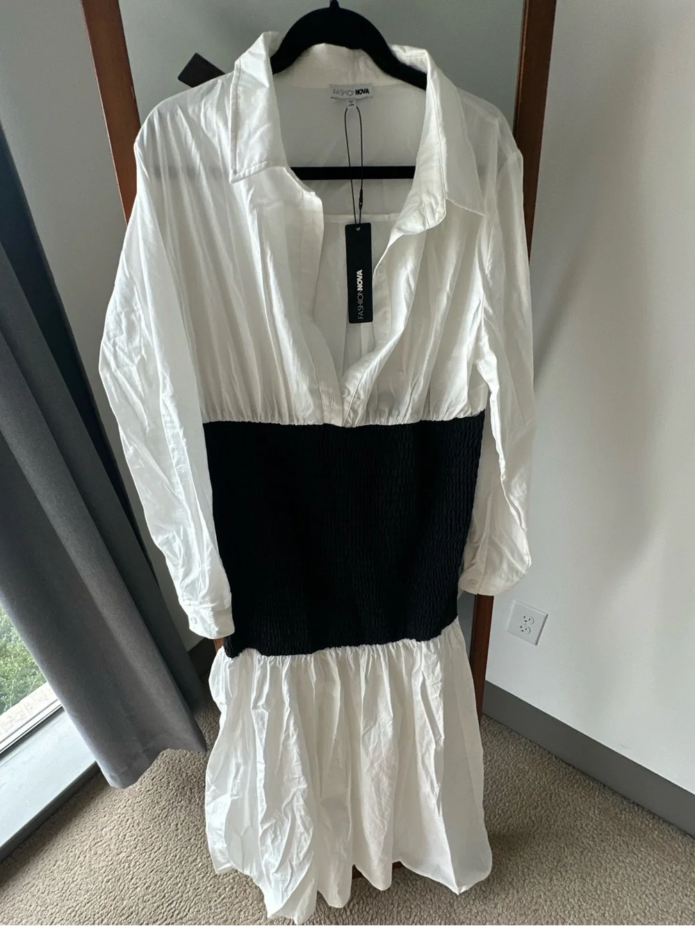 Fashion Nova Olivia Smocked Maxi Shirt Dress - White/Black - Picture 4 of 5